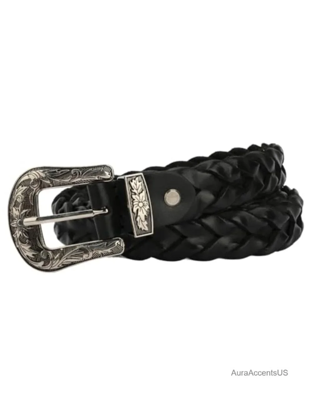 Genuine Leather Woven Western Belt with Engraved Metal Buckle